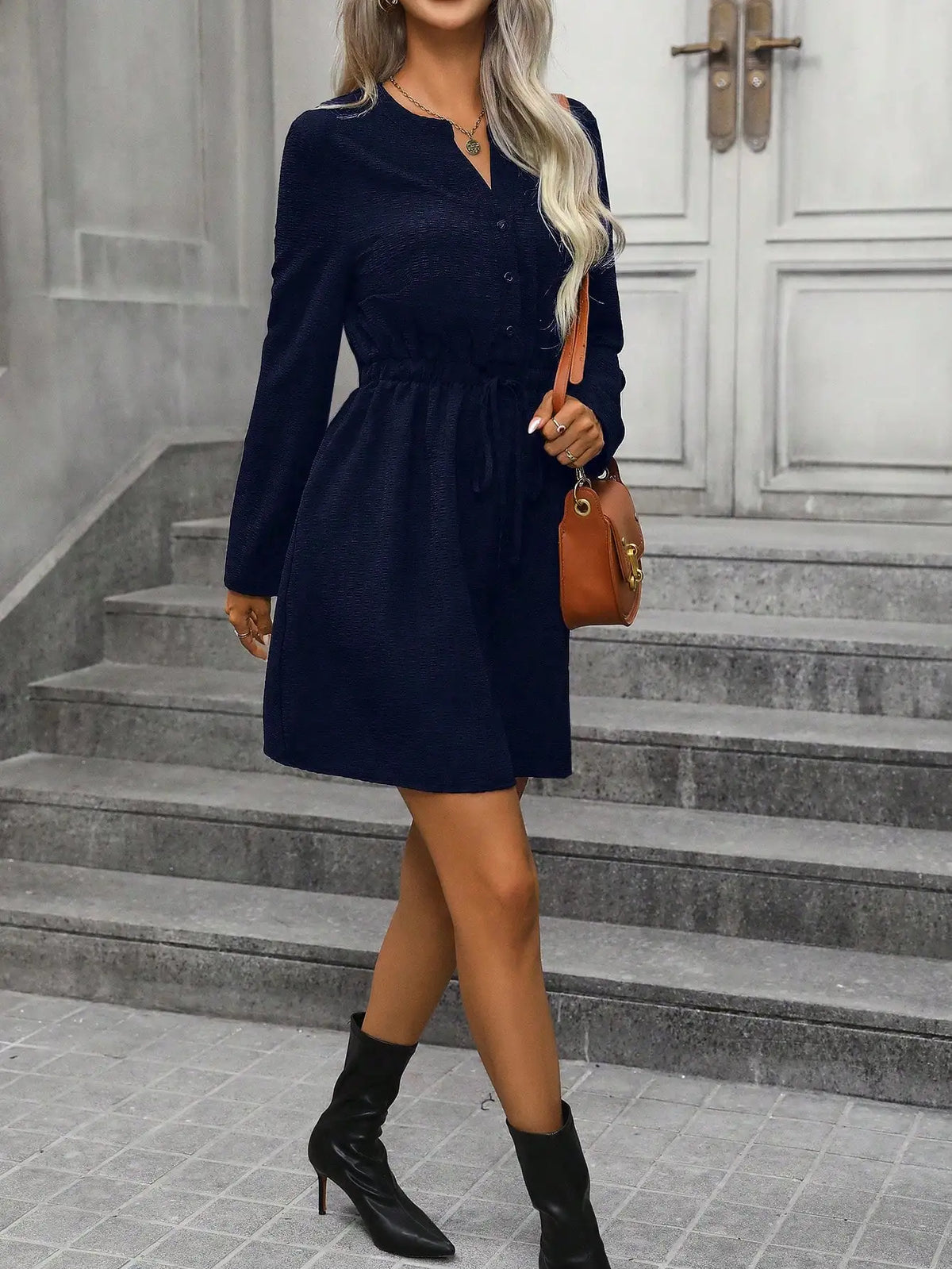 Women's Navy Blue Drawstring Waist Dress, Casual Long Sleeve Button Down Shirt Dress, V-Neck A-Line Mini Dress For Ladies