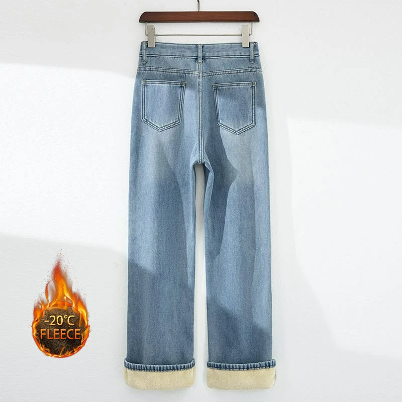 Winter Thicken Fleece High Waist Wide Leg Denim Jeans Straight Cut Floor Length Pants Autumn Korean Women's Thermal Trousers