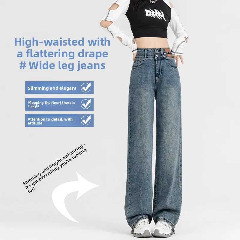 Slim Wide Leg Denim Jeans High Waist Double Bule Straight Cut Pants for Women Bla ey Autumn Arrival Faionable Wea...