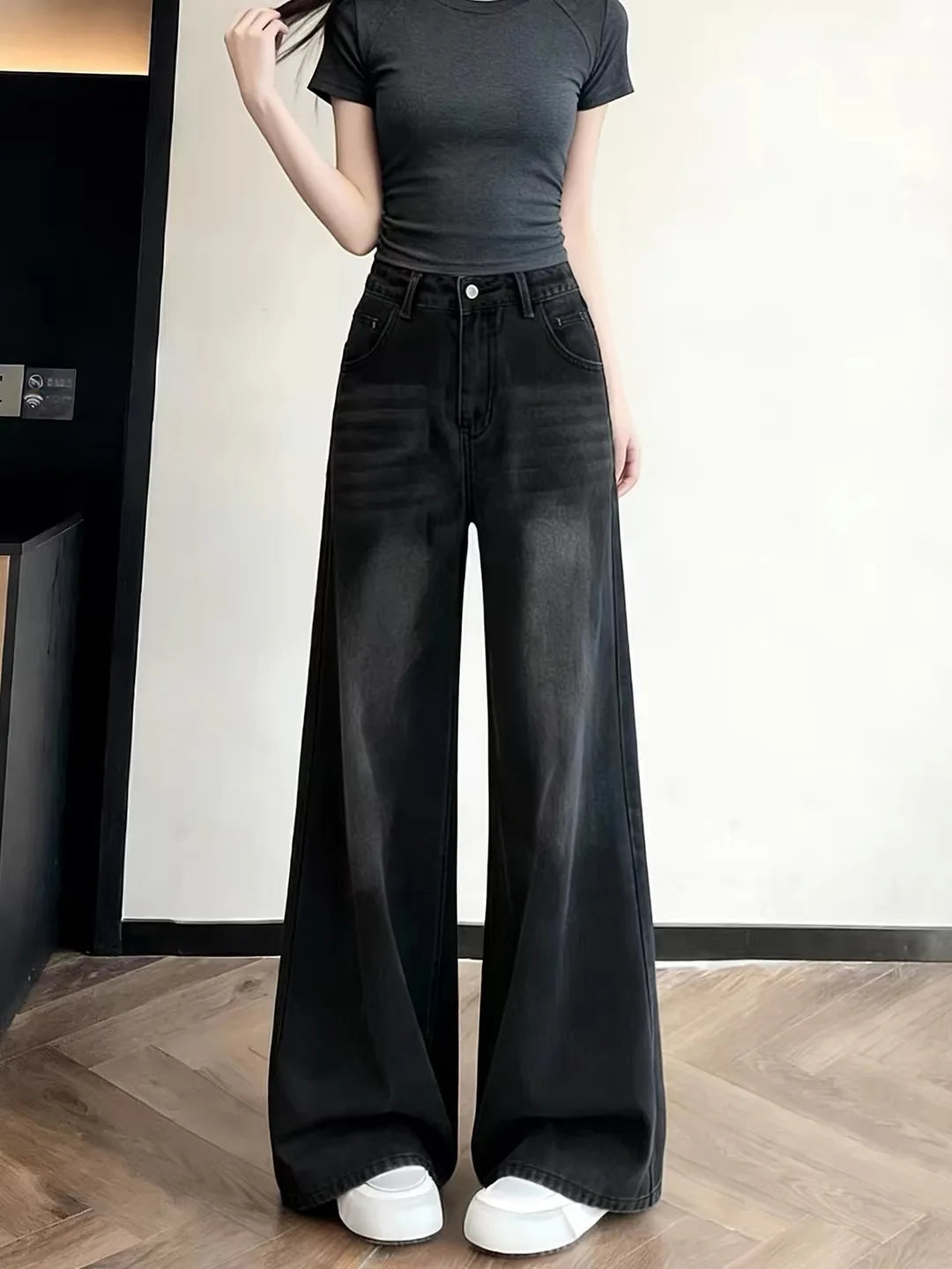Jeans High Waist Straight Leg Denim Jeans plus Size Vintage Black Women's Fashion Autumn Loose Slimming Wide Leg Pants