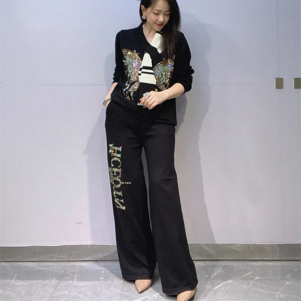 Y2k Rhinestone V Neck Knit Top With Scarf Decor Wide Leg Pants 2pcs Set Women's Loose Long Sleeves Luxury Casual Matching Outfit