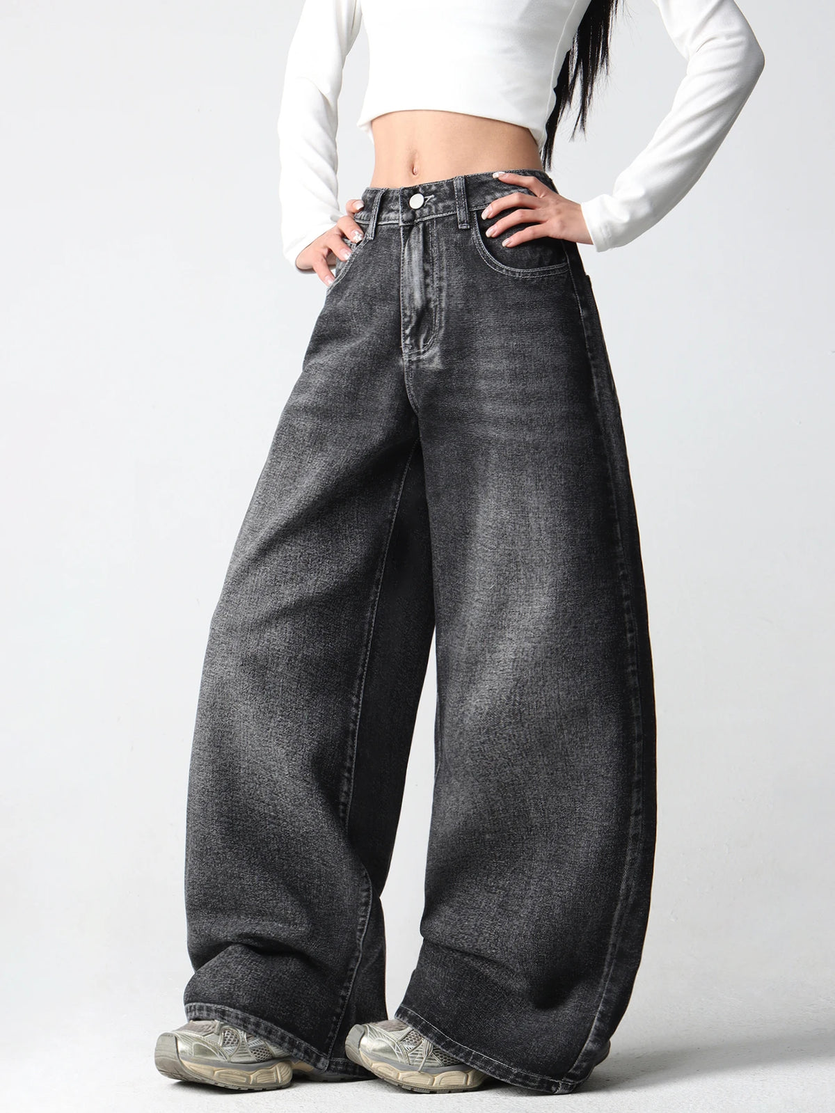 1 Pc American Retro Creative Wings Embroidered Black Loose Jeans Women Y2K Street Fashion Versatile Slimming Wide Leg Pants