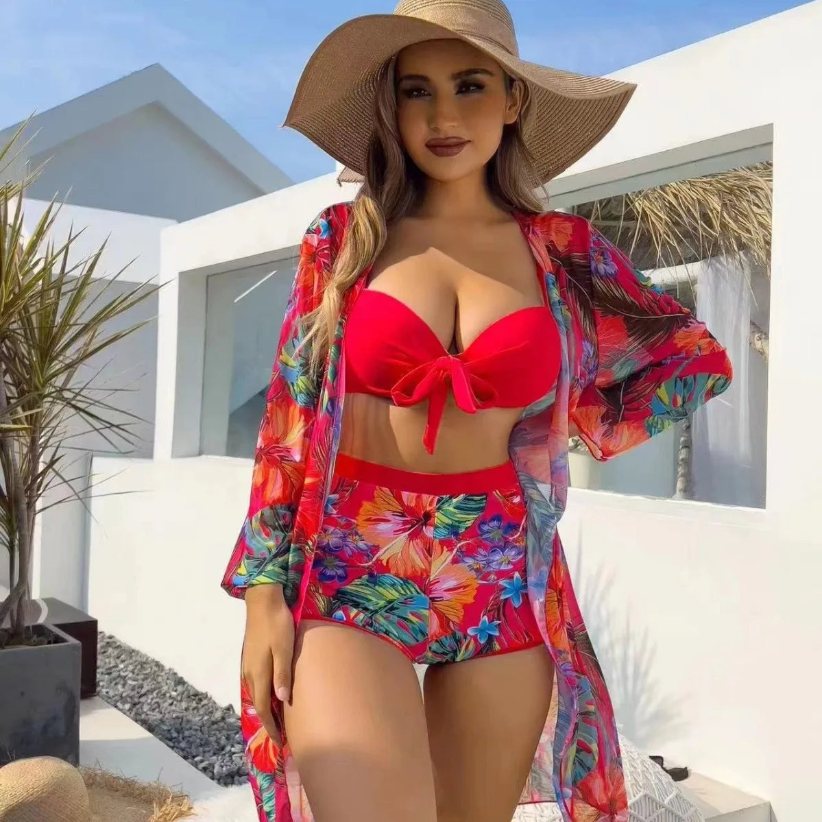 Vigorashely 2026 Print Push Up 3 Piece Bikini Set Women Long Sleeve Cover Up Swimsuit Female High Waist Separeted Bathing Suit