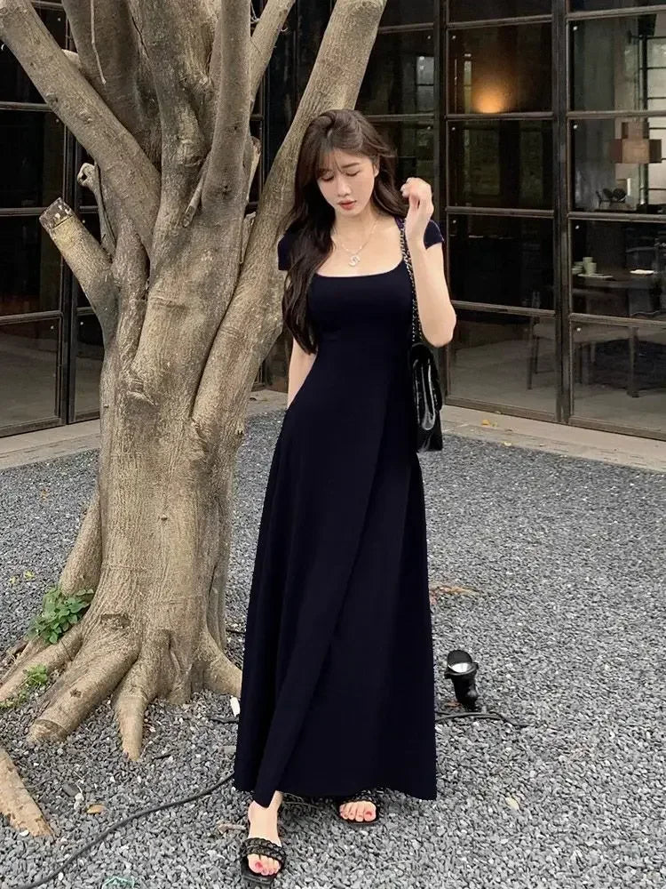 PTKPCC Summer Waist-fitted Elegant French Style Women's Grey Short Sleeve Tank Dress Long Dress Sexy Dress