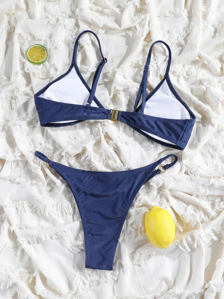Rinabe Blue Bikini High Cut Bikinis String Swimsuits Push Up Swimsuit Vacation Swimwear Two-Piece Bathing Suit