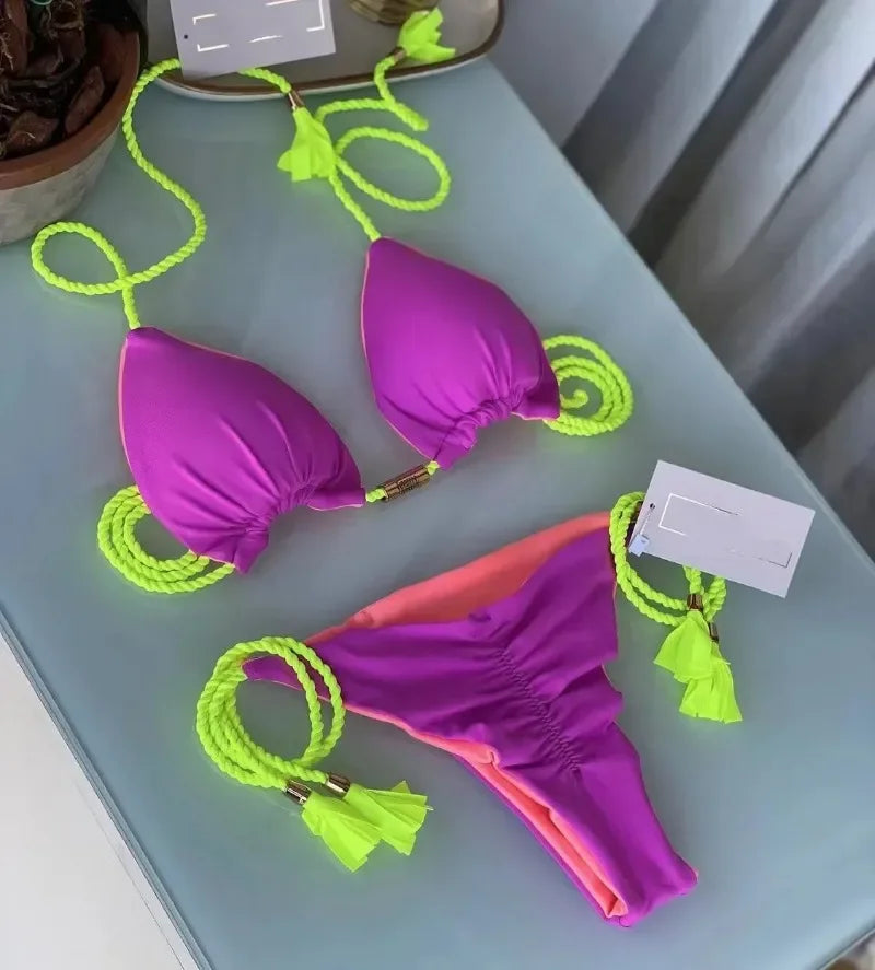 Women Contrast Color Tassel Bikini Set Halter Neck String Tie 2 Piece Swimsuit Push‑Up Beachwear Bathing Suit For Summer Beach