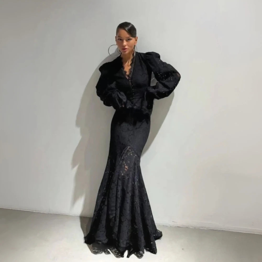 Suninhear Fall Outfits Woman Mermaid Maxi Dress Sets Black Lace 2 Piece Set Long Sleeve Crop Top and Skirt Elegant Matching Sets