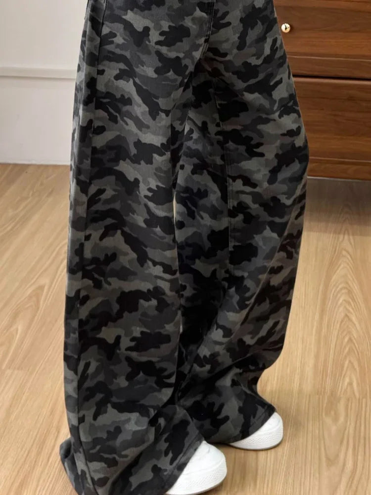 zjaiss Wide Leg Denim Pants Vintage Camo Women Jeans 2026 Autumn High Waist Niche Loose Casual Floor-Length Straight Trousers
