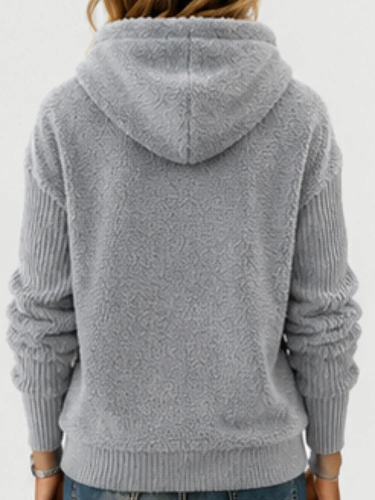 Women's Fuzzy Fleece Hoodie, Gray Plush Long Sleeve Half Zip Pullover Sweatshirt with Drawstring Hood and Front Pocket, Casual Winter Top