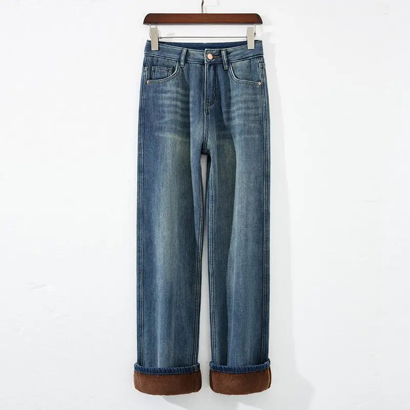Winter Thicken Fleece High Waist Wide Leg Denim Jeans Straight Cut Floor Length Pants Autumn Korean Women's Thermal Trousers
