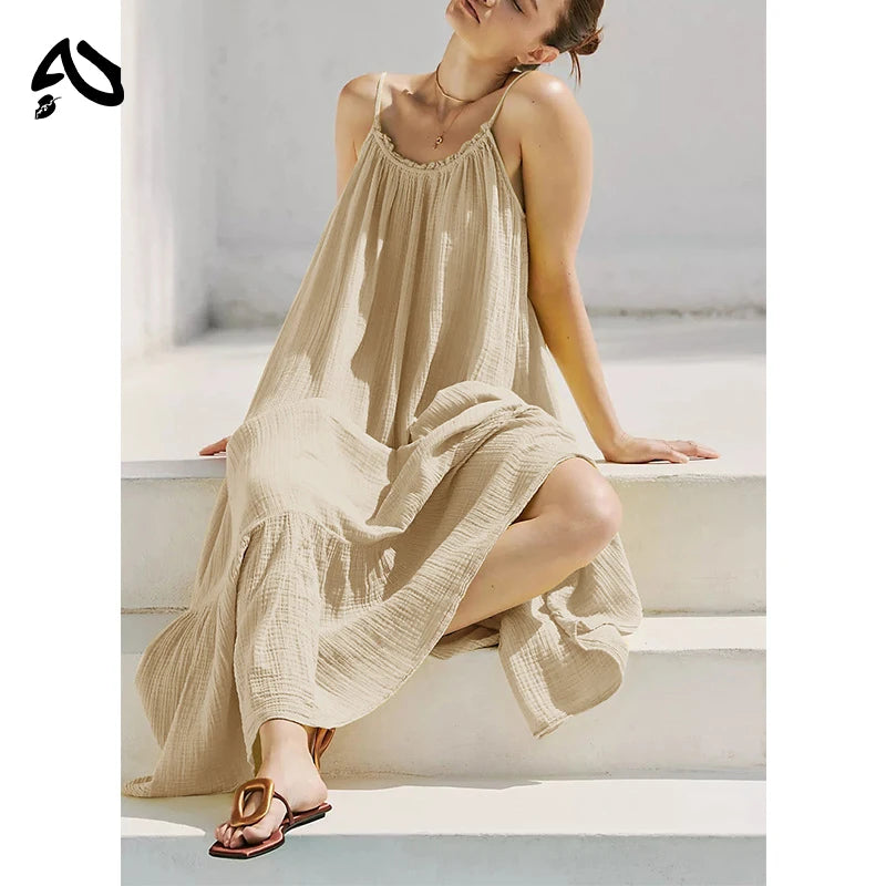 Casual Dress Muslin Elagant Beach Bobo Dress Casual 100% Cotton Retro Maxi Dresses A-Line Sleeveless Summer Sundress Hoilday Travel