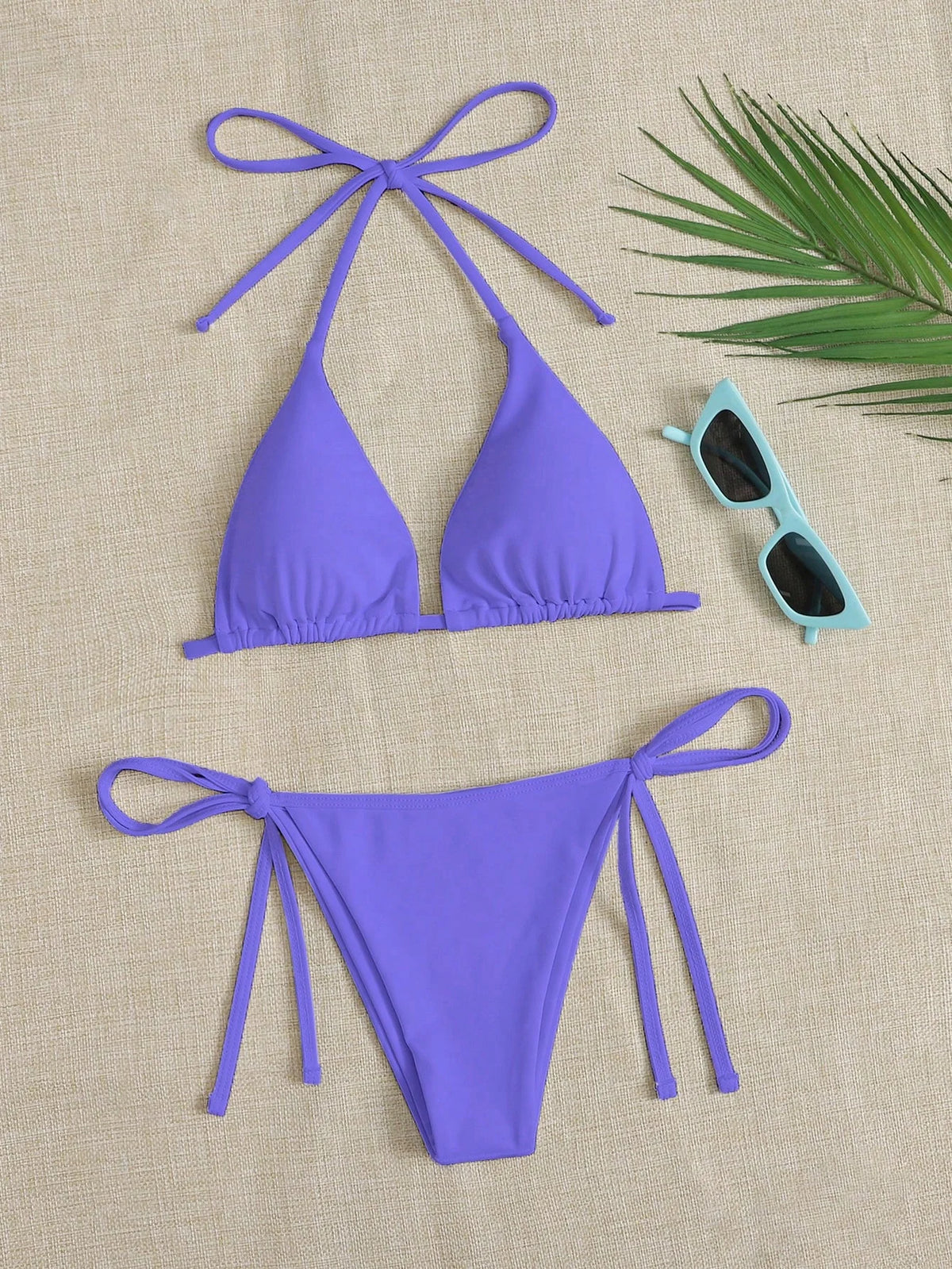 Solid Color Three-Point Bikini Strap-On Women's Swimsuit Set