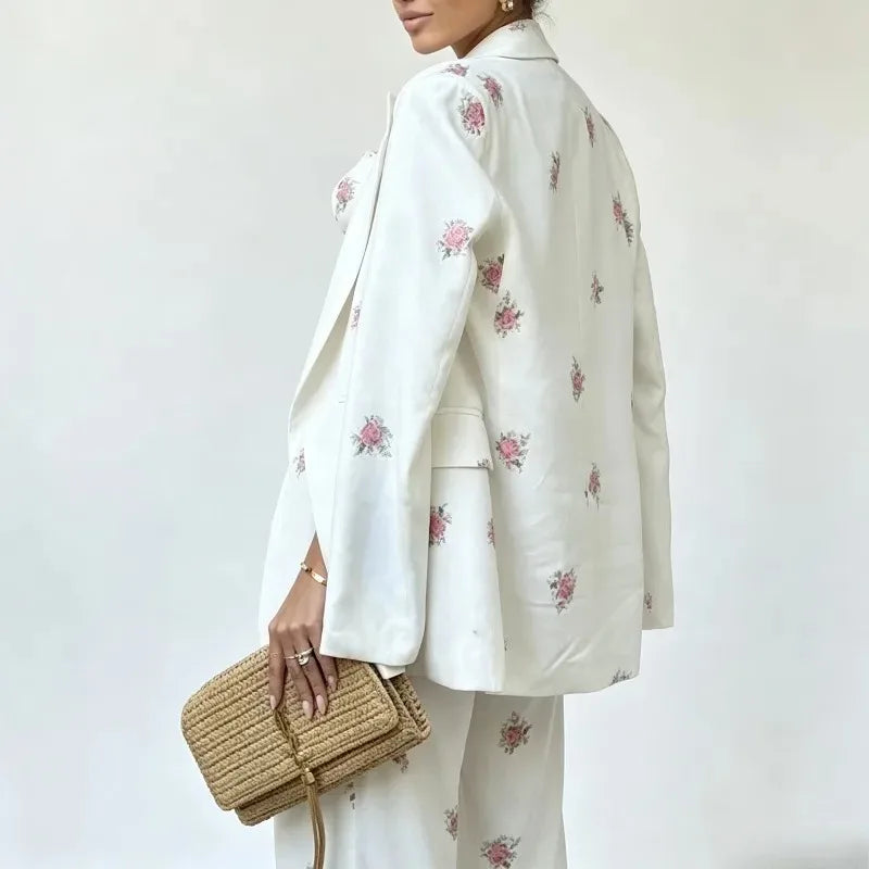 Spot-Floral Printed 3pcs Sets for Women Strap Corset Lapel Blazer Jacket Straight Pants Lady Set Fashion Vacation Outfits Suits