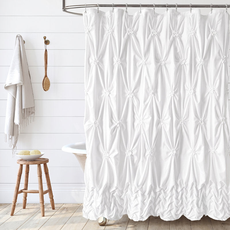 Shower Curtain Pleated Bottom Bathroom Curtain 160GSM Polyester Fabric Reinforced Button Holes Comes with 12 Plastic Hooks White 72" x 72"