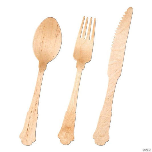 Silhouette Birch Wood Eco Friendly Disposable Wooden Cutlery Set - Spoons, Forks and Knives (75 Guests) | USA Decoration®