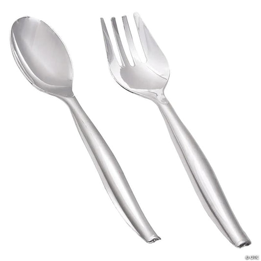Silver Disposable Plastic Serving Flatware Set - Serving Spoons and Serving Forks (55 Pairs) | USA Decoration®