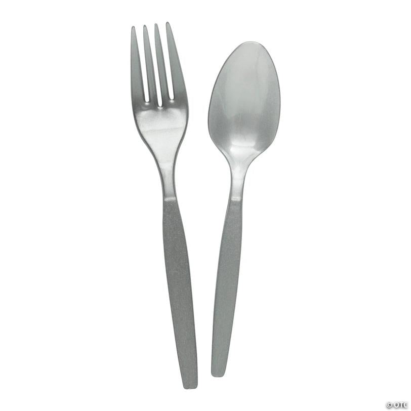 Silver Metallic Fork & Spoon Plastic Cutlery Sets - 16 Ct. | USA Decoration®