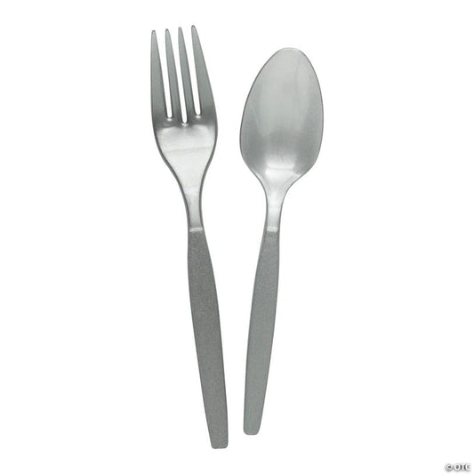 Silver Metallic Fork & Spoon Plastic Cutlery Sets - 16 Ct. | USA Decoration®