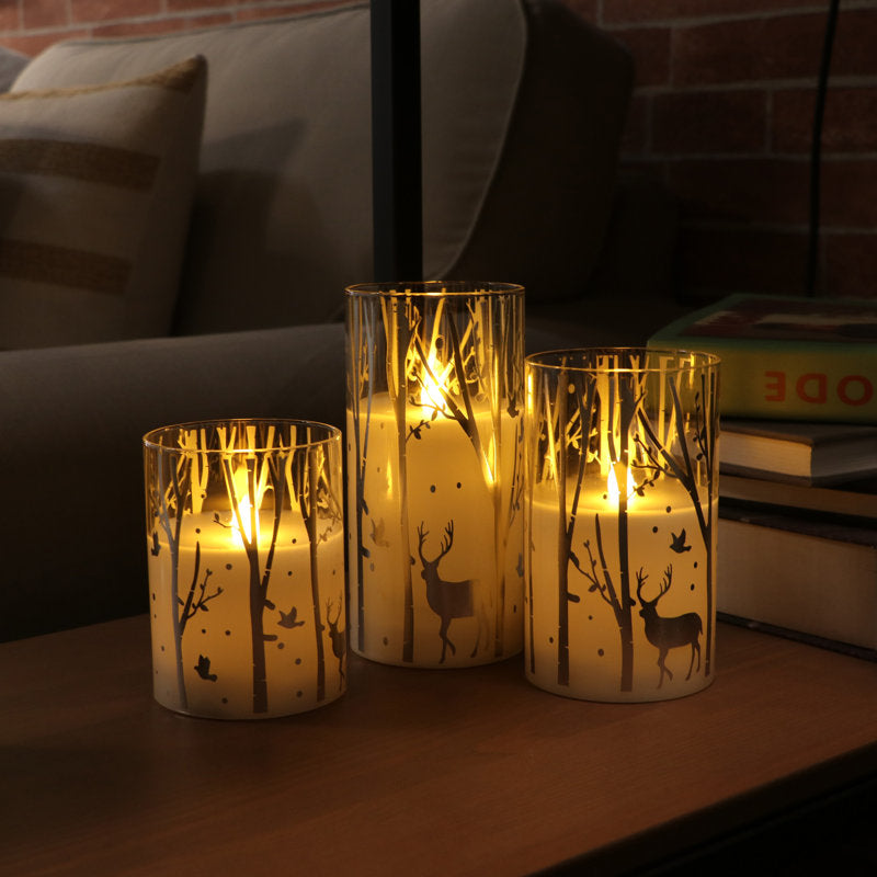 Silver Reindeer Design Glass LED Candles with 6H Timer, Christmas Flameless Candles, Batteries Included - Set of 3