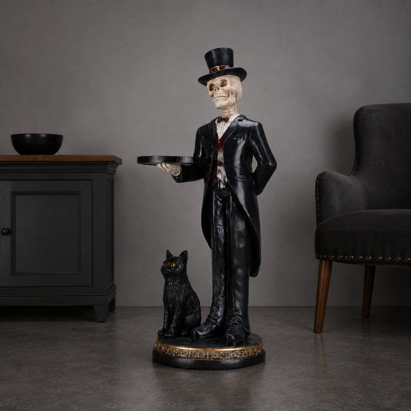 Skeleton Butler Tray Statue with Black Cat