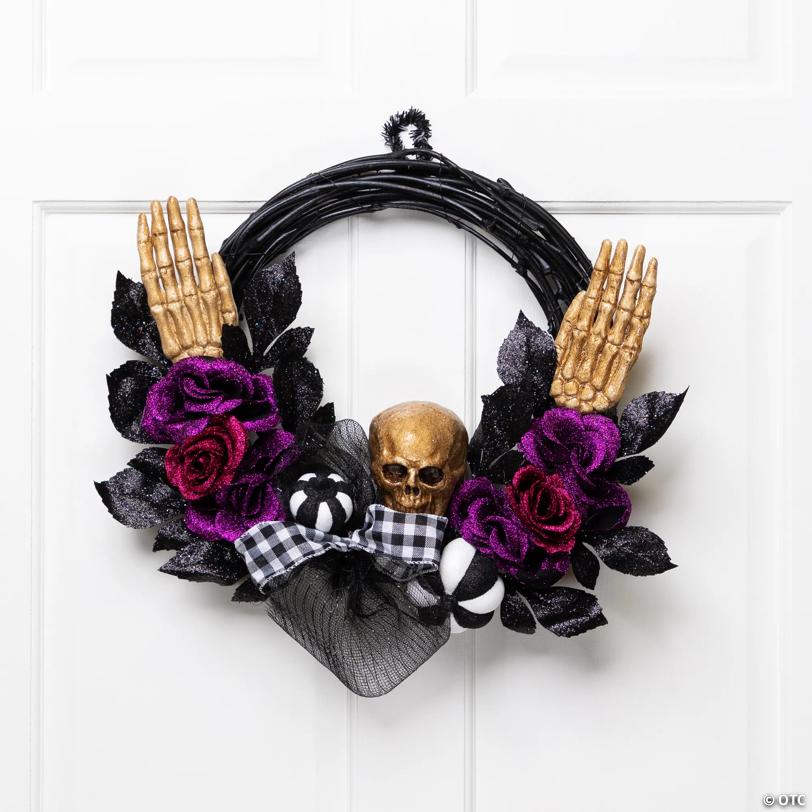 Skull with Hands and Purple Roses Halloween Twig Wreath  22-Inch  Unlit