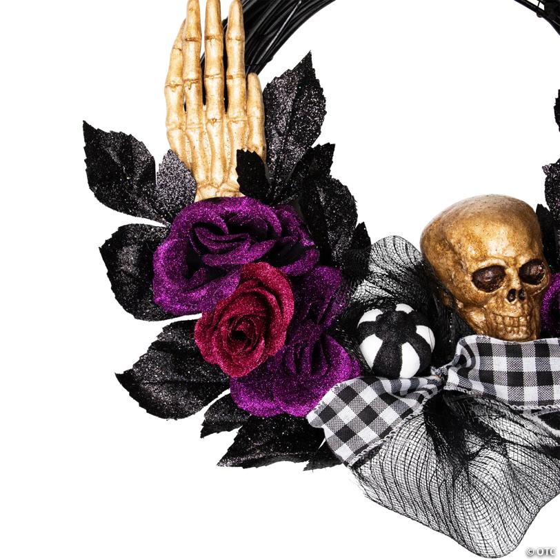 Skull with Hands and Purple Roses Halloween Twig Wreath  22-Inch  Unlit