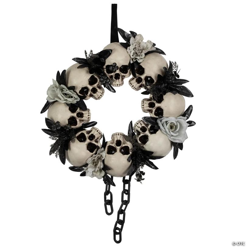 Skulls and Chains with Gray Roses Halloween Wreath  15-Inch  Unlit