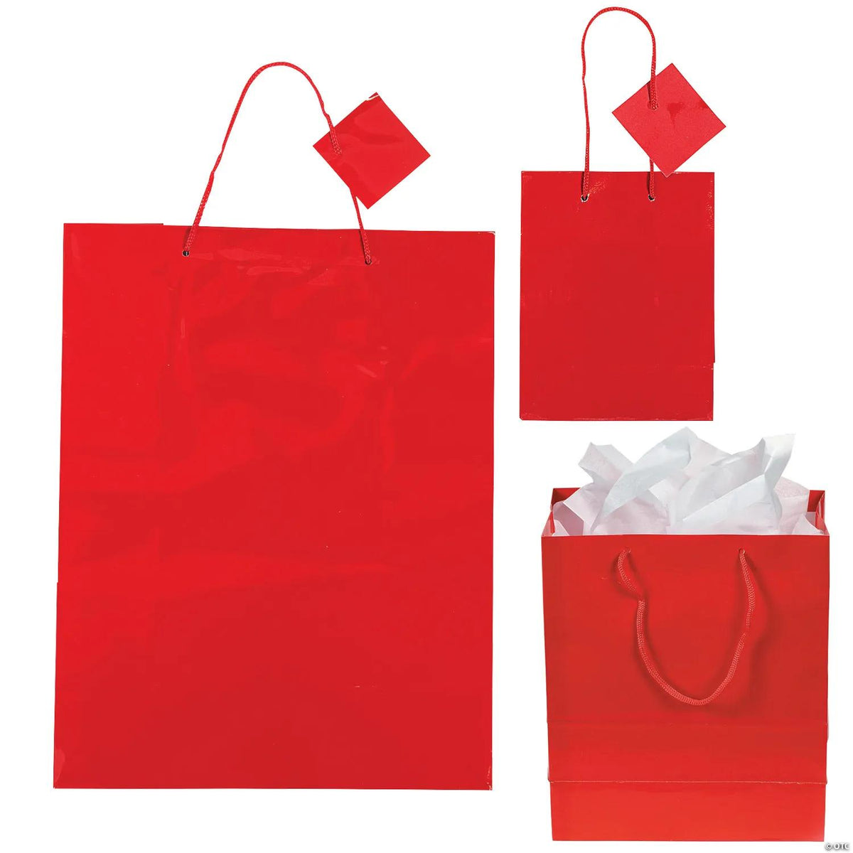 Twelve red paper gift bags with tags
