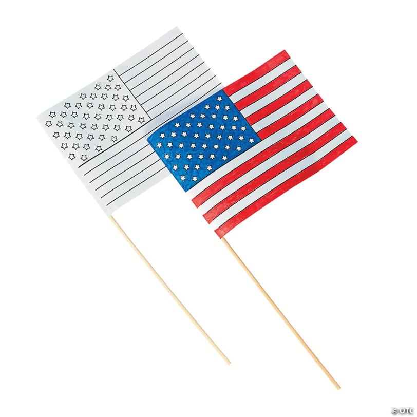 Small Paper Color Your Own American Flags - 8 1/2" x 6" on 13 3/4" - 12 Pc.