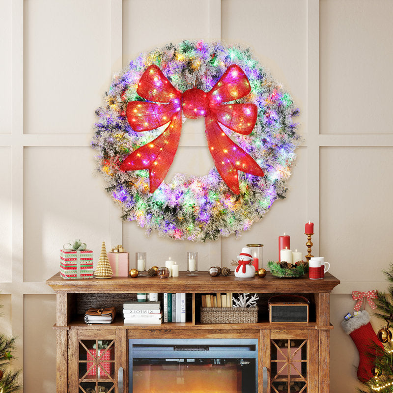 Snow-flocked Christmas Wreath, Green/white Plastic+metal –  For Indoor/outdoor Holiday Decor, Warm White/multi-color, 11 Modes, 3d Red Bow, Remote Control , Ip44 Waterproof