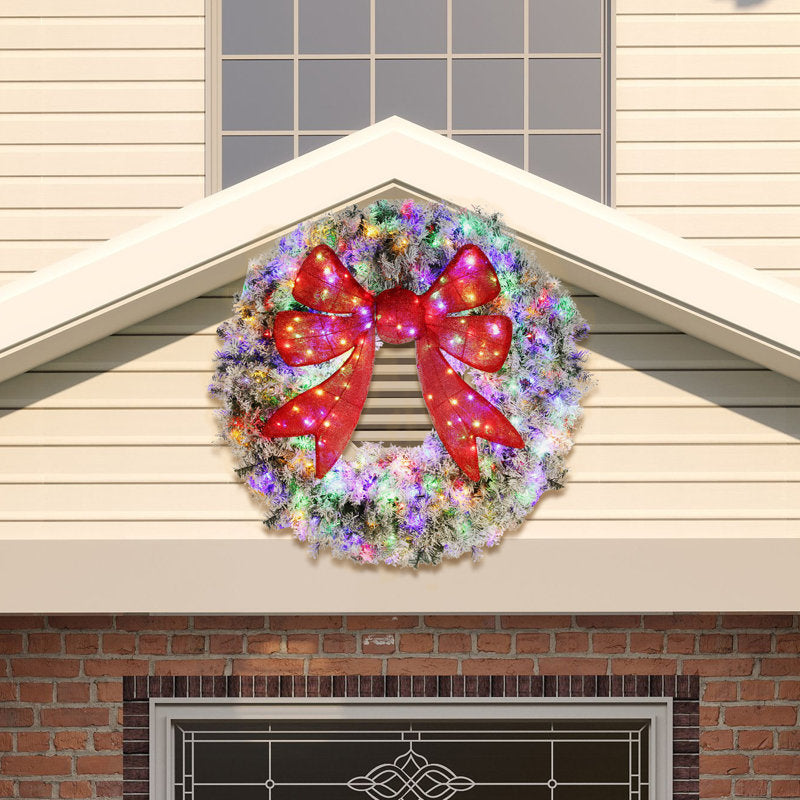 Snow-flocked Christmas Wreath, Green/white Plastic+metal –  For Indoor/outdoor Holiday Decor, Warm White/multi-color, 11 Modes, 3d Red Bow, Remote Control , Ip44 Waterproof