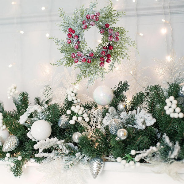 Snowy Cedar Candle Ring - Red - Faux Cedar Twigs Mini Wreath For Holiday Table Décor