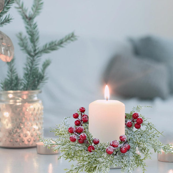 Snowy Cedar Candle Ring - Red - Faux Cedar Twigs Mini Wreath For Holiday Table Décor