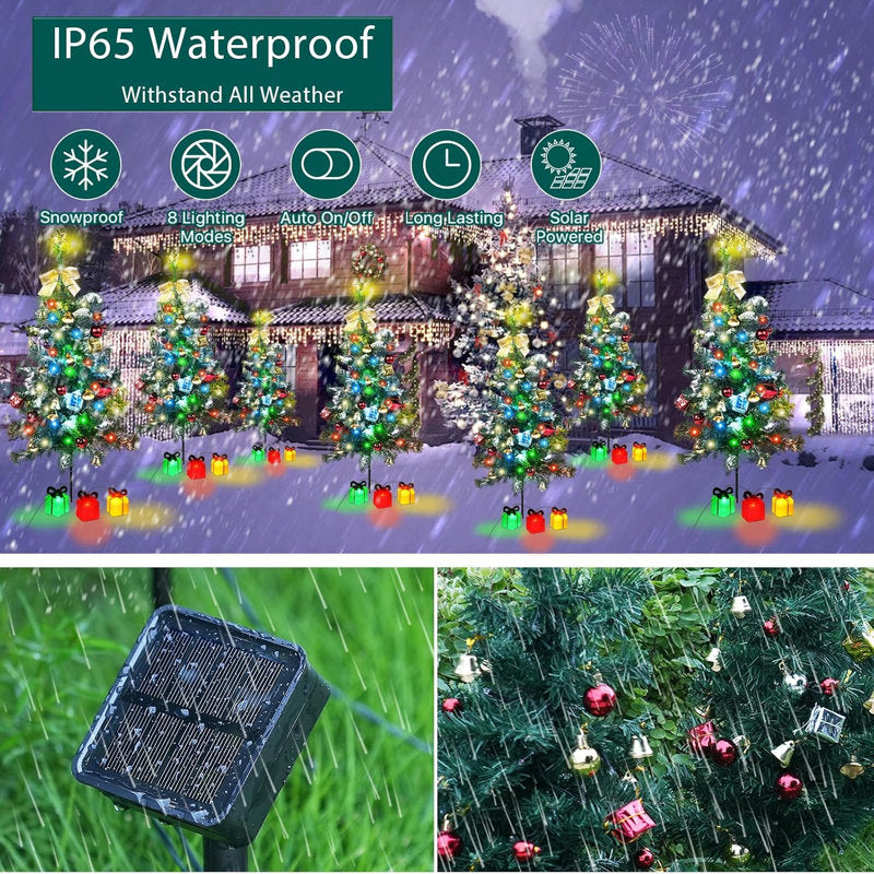 Solar Christmas Tree Lights Outdoor Decorations, 2 Pack Waterproof Solar Xmas Tree Lights with 8 Lighting Modes, for Garden Pathway Cemetery Yard Holiday Decor