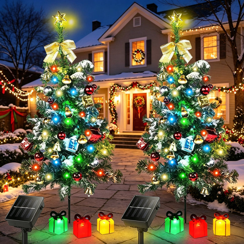 Solar Christmas Tree Lights Outdoor Decorations, 2 Pack Waterproof Solar Xmas Tree Lights with 8 Lighting Modes, for Garden Pathway Cemetery Yard Holiday Decor