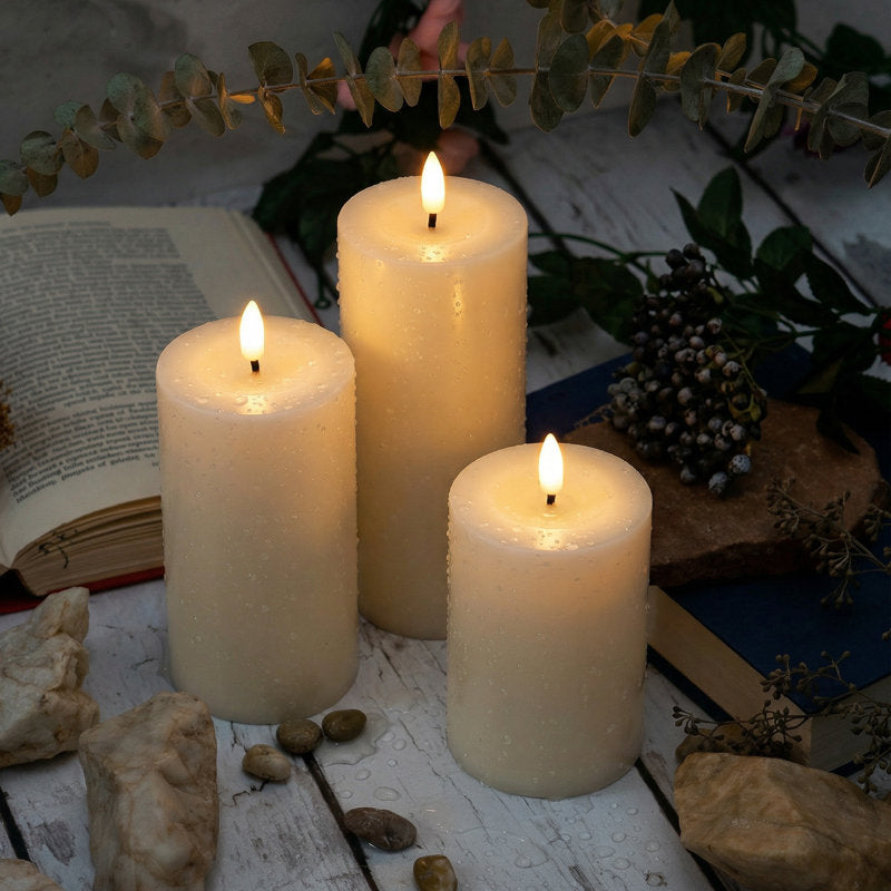 Solar LED Flameless Pillar Candle Set of 3 â€“  Outdoor Weather-Resistant Lights, Auto Dusk-to-Dawn (4", 5", 6")