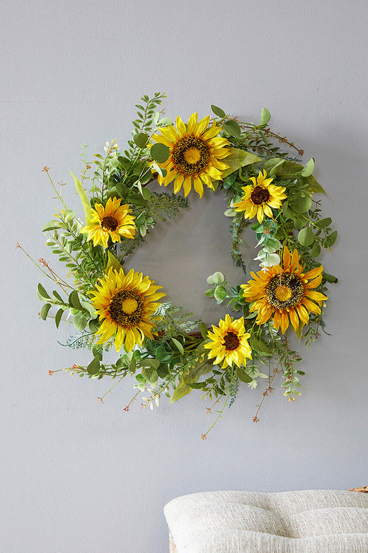 24" Sunflower Mixed Wreath Bright Silk Sunflowers with Greenery for Door, Wall & Seasonal Décor
