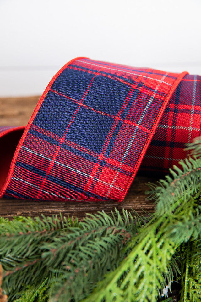 4" x 5 Yard Red and Navy Plaid Check Ribbon Holiday Decoration