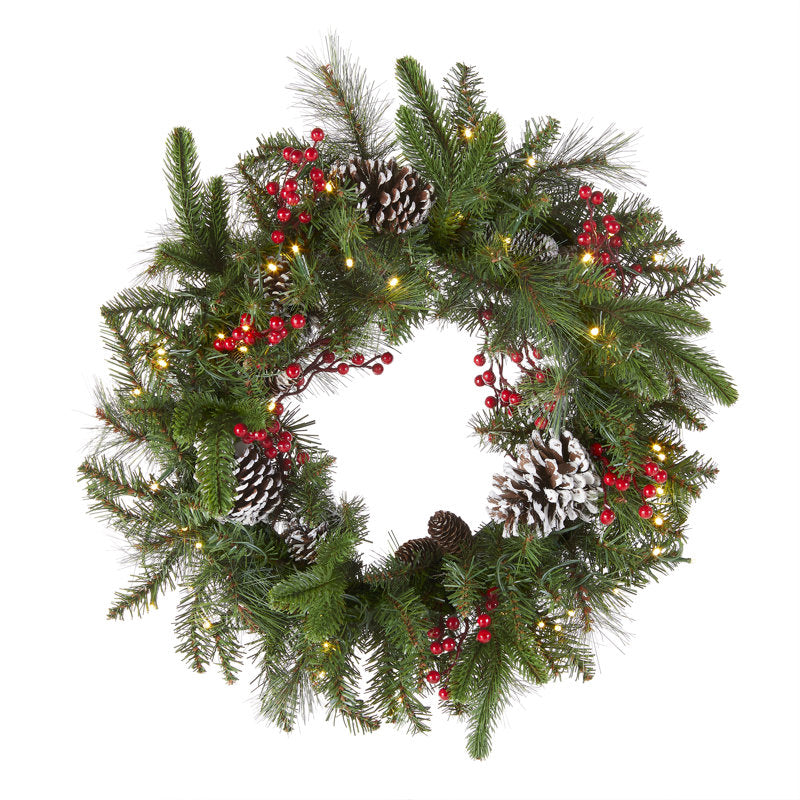24" Pre-Lit Berry Christmas Wreath hanging on a front door