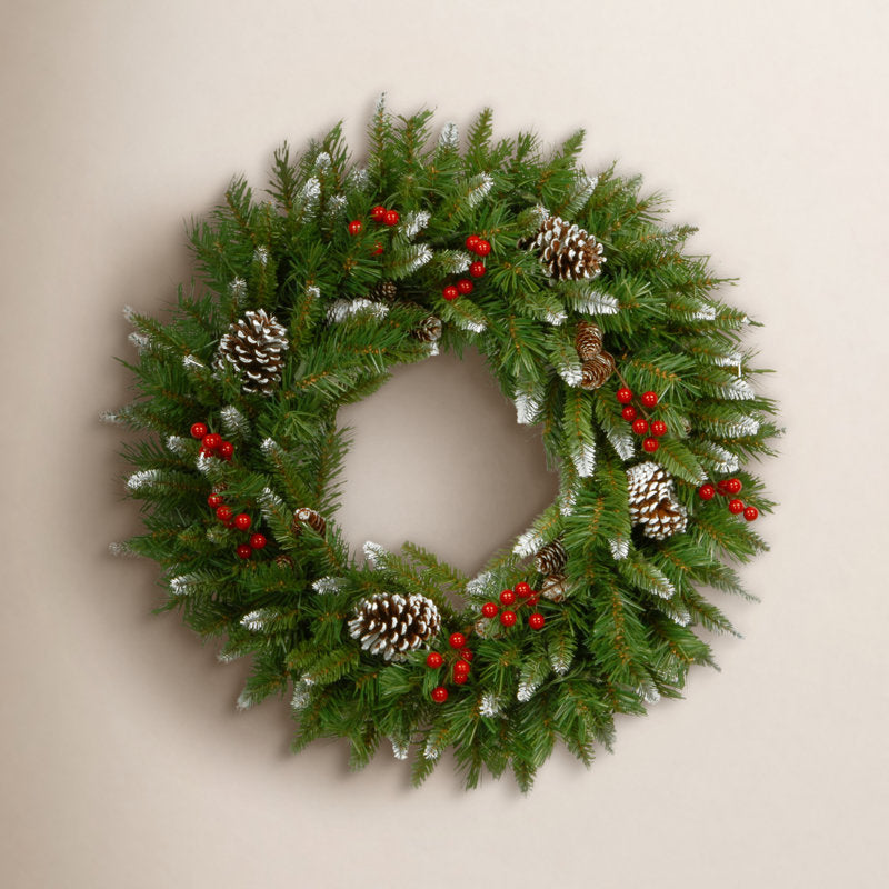 24" Pre-Lit Frosted Artificial Pine Christmas Wreath hanging on a front door