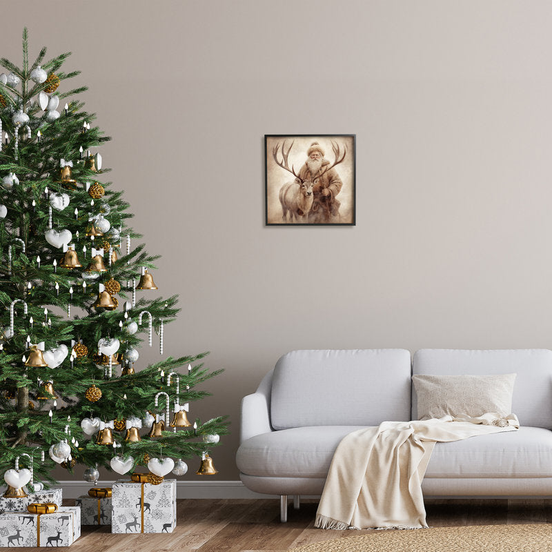 Traditional Santa & Reindeer Black Framed Giclee Art by Riley B