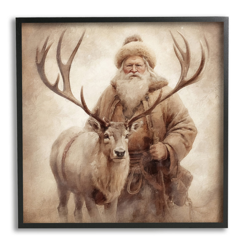Traditional Santa & Reindeer Black Framed Giclee Art by Riley B