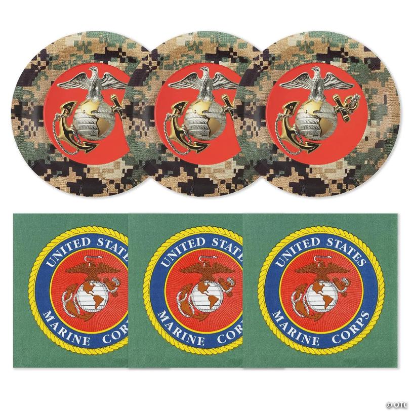 U.S. Marines Party For 16 Guests! Includes 16 Ea. 7" Plates And Luncheon Napkins With The Licensed U.S. Marine Corps Camo, Logo & Emblem