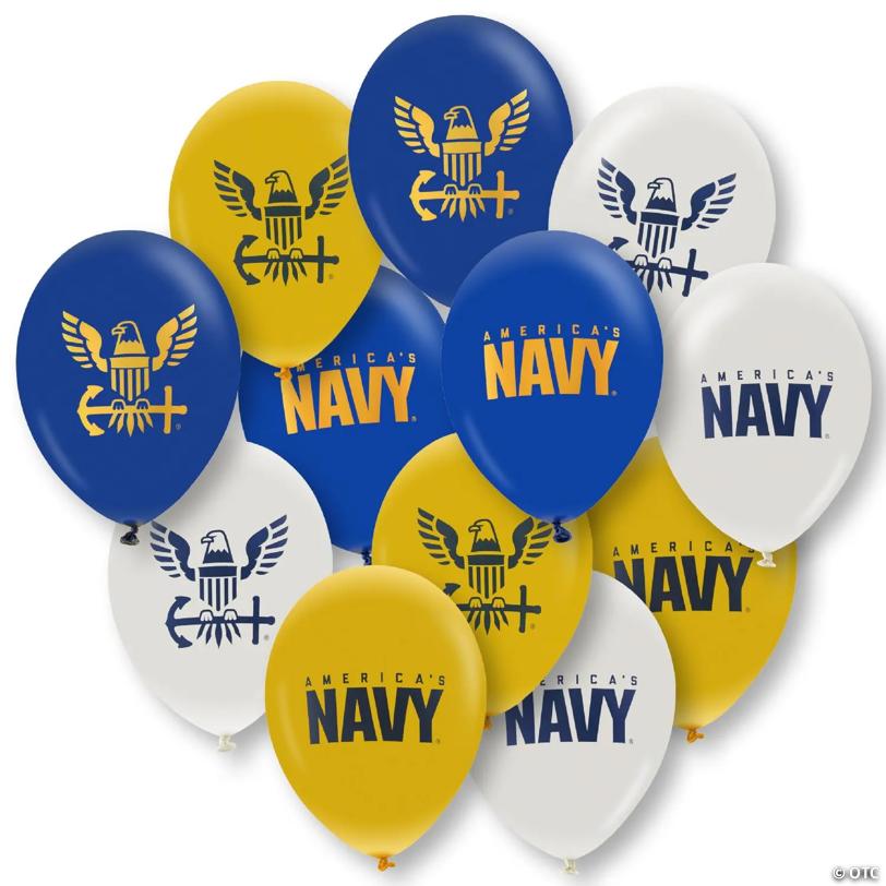 U.S. Navy Party Balloons (12 Pcs)! 12" Latex Balloons In Navy, White & Yellow With Contrasting Print On 2 Sides