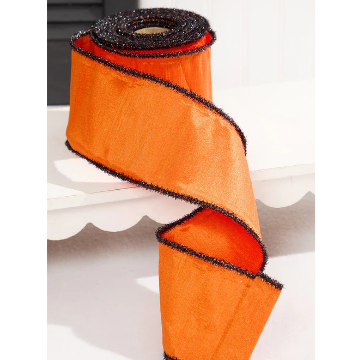 4" x 10 Yard Orange Dupioni Ribbon with Black Tinsel Edge Halloween & Fall Craft Ribbon