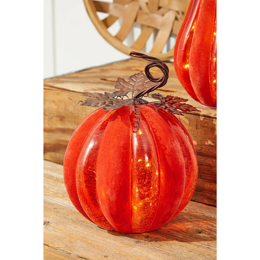 12" Velvet & Glass Light Up Pumpkin Orange Decorative Fall & Halloween Accent