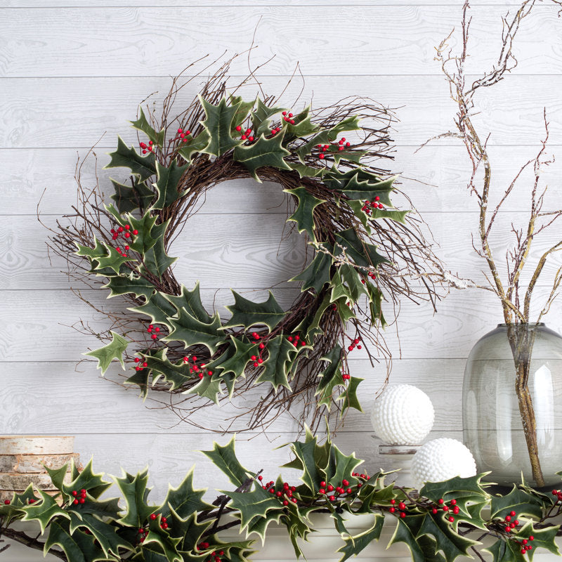 Variegated Holly Berry Christmas Holiday Wreath on Wispy Birch Twig Base