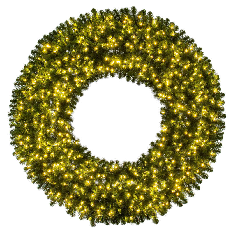 Pre-Lit Artificial Pine Christmas Wreath hung on a wooden door