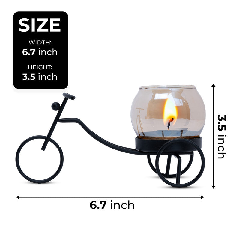 Vintage Iron Rickshaw Candle Holder With Glass Tealight Container, 3" Table, Desk, Altar Decor