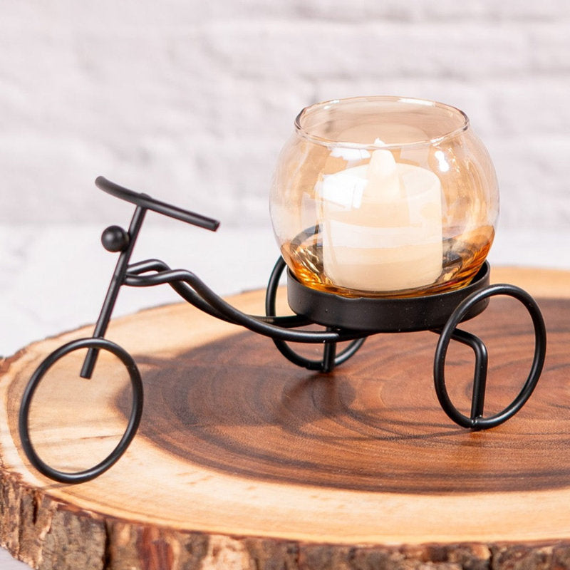 Vintage Iron Rickshaw Candle Holder With Glass Tealight Container, 3" Table, Desk, Altar Decor
